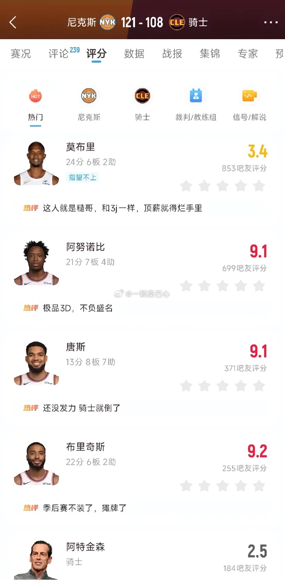 nba季后赛 骑士vs尼克斯G3 布伦森 米切尔 哈登 恭喜尼克斯再下一城3:0