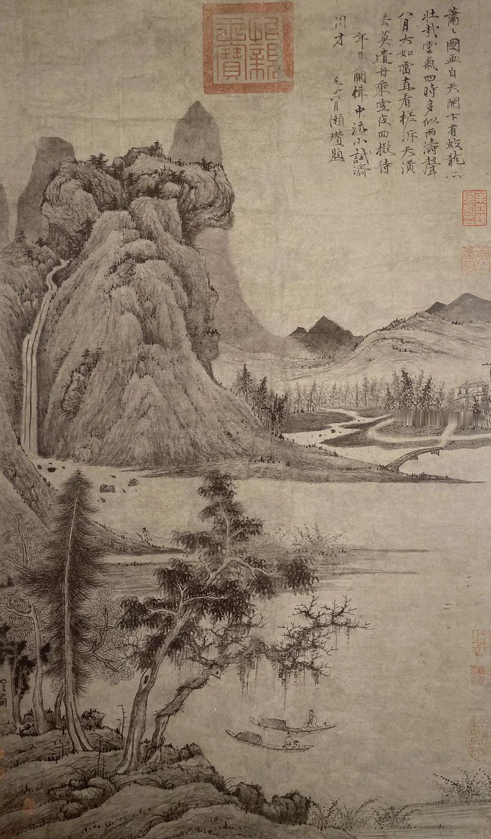 名画欣赏：元 曹知白《溪山泛艇图》
 纵86.3厘米 横51.4厘米 
上海博物