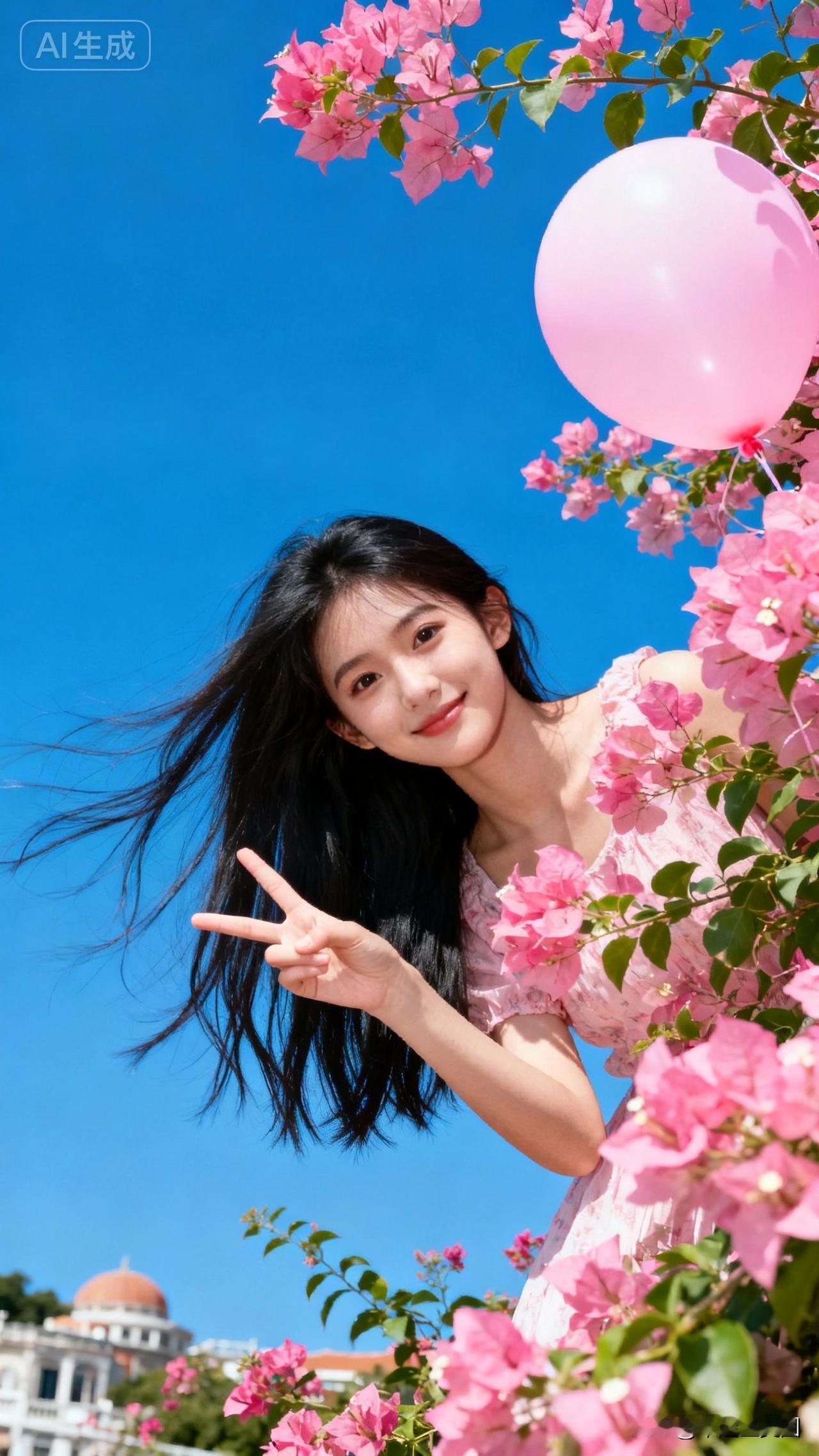 阳光明媚，少女在花丛中比V字笑。
