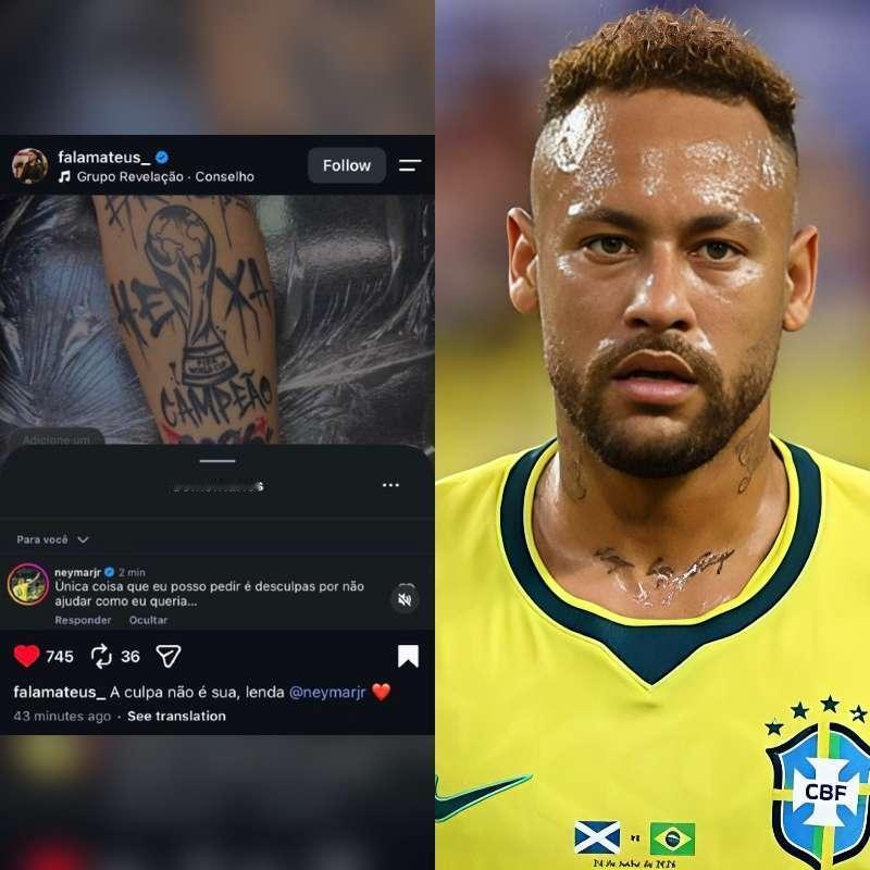neymar 有一位球迷晒出了腿部纹着世界杯图案的纹身动态，内马尔在这条帖子下留