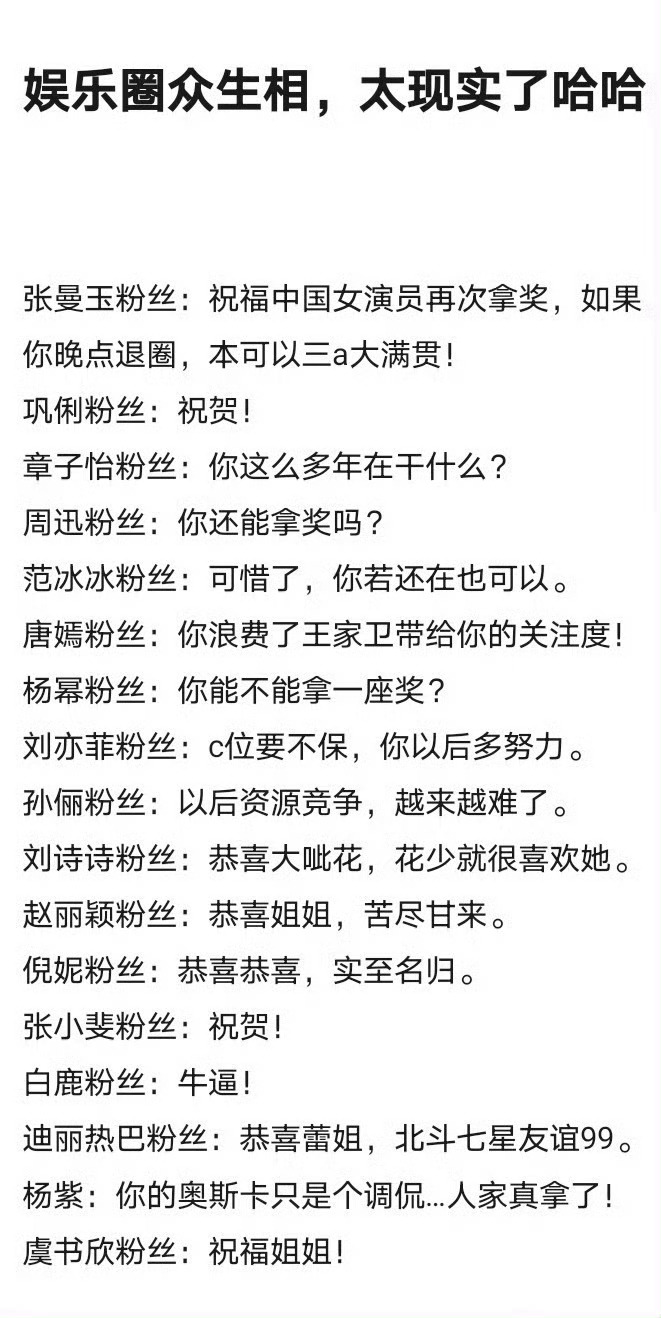辛芷蕾获奖娱乐圈众生相女明星粉丝对此事的感慨哈哈哈哈，花粉真是事业批 ​​​