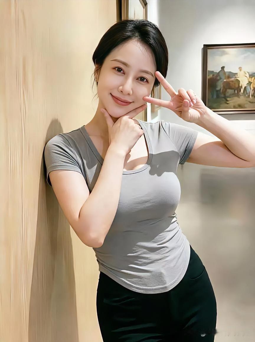 浅灰衣袂衬出温柔轮廓，倚墙姿态轻盈。指尖比“V”，笑意如春日暖阳，于室内光影间，