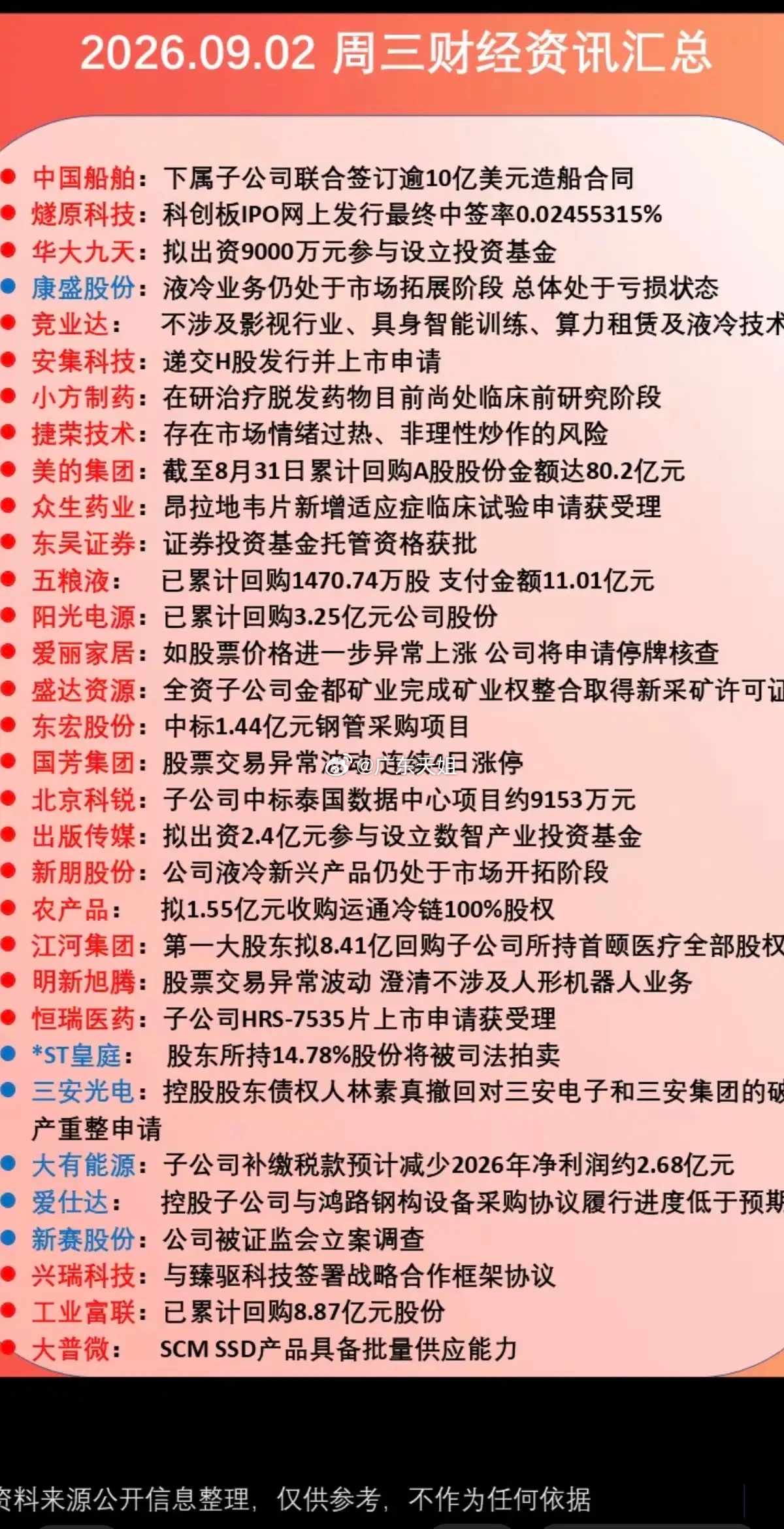 9.02周三  晚间：财经资讯+公告汇总！三安光电：破产重整撤回申请！五粮液、阳