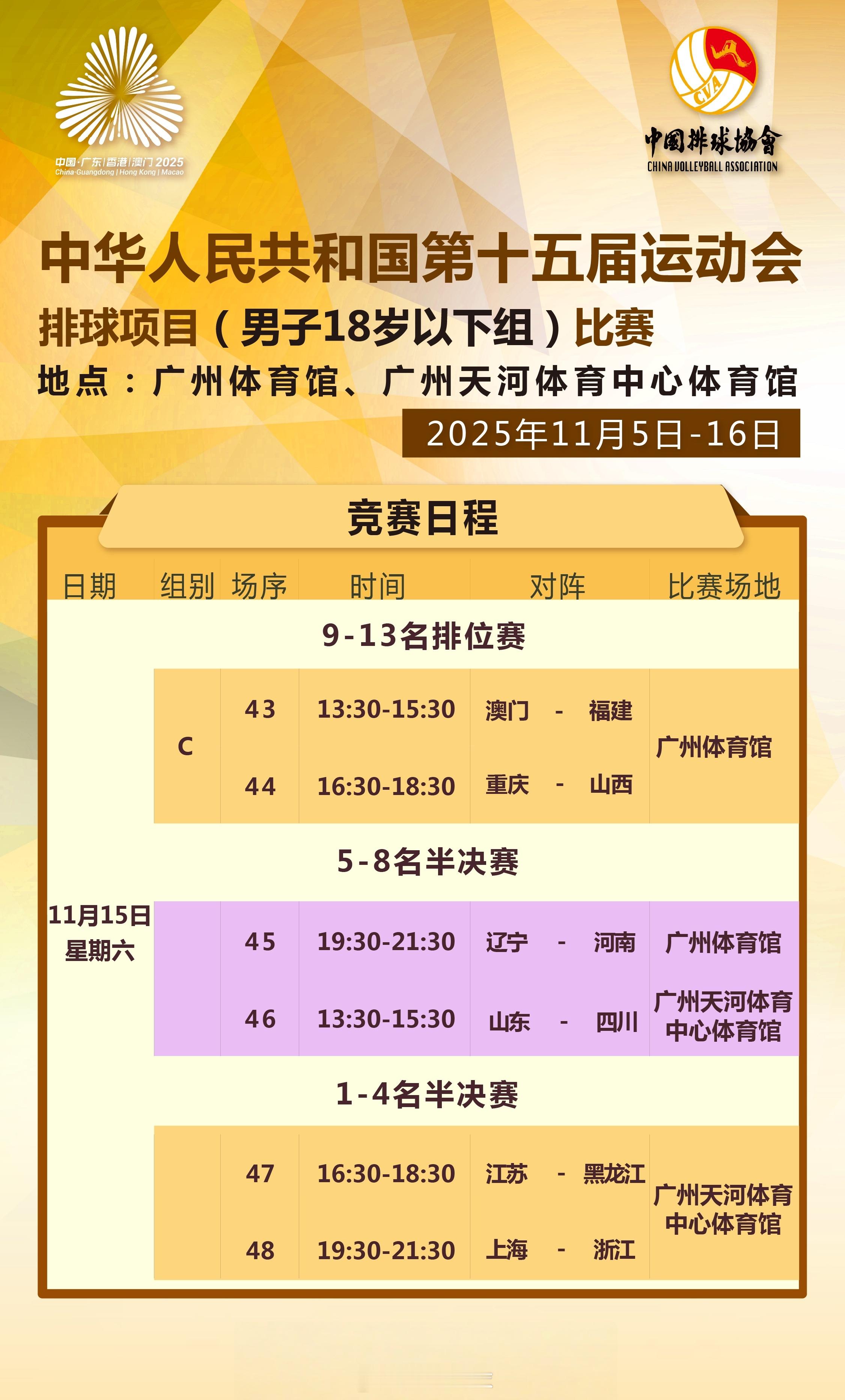 U18男排比赛今天进入半决赛日，具体赛程如下：13:30 广州体育馆      