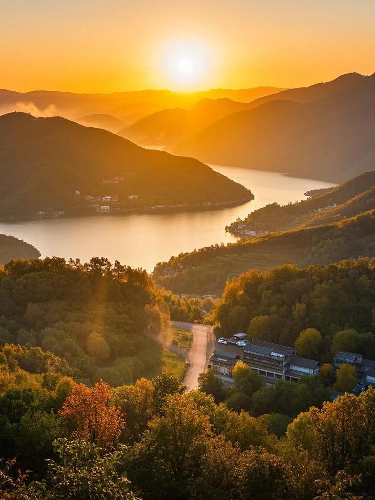 洛阳荆紫仙山处，夕阳晕染。山峦起伏金浪翻，木叶摇光翠影间。村绕炊烟水漾金，余晖脉