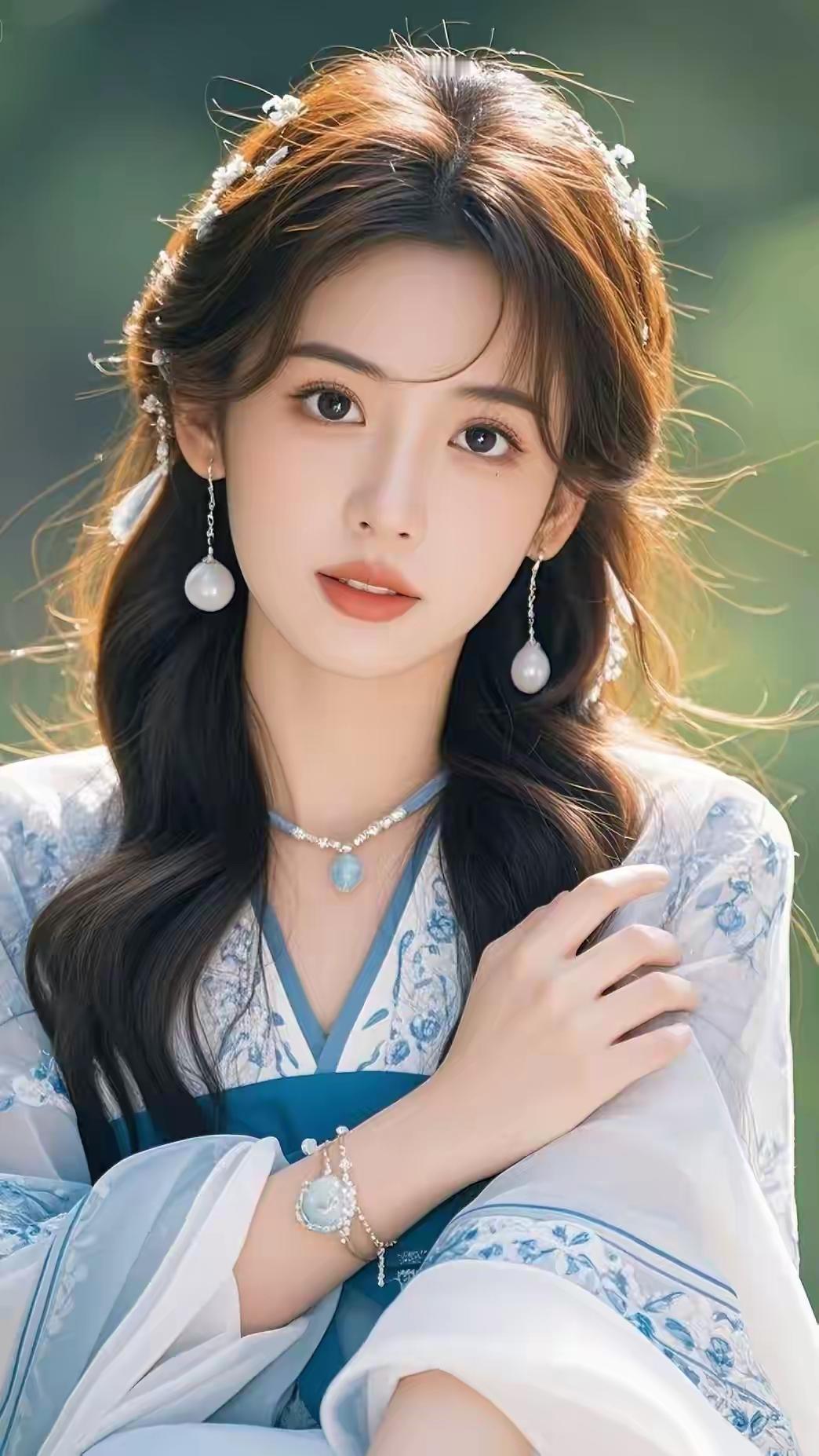 蓝白汉服+花饰，这组国风穿搭美成仙女
