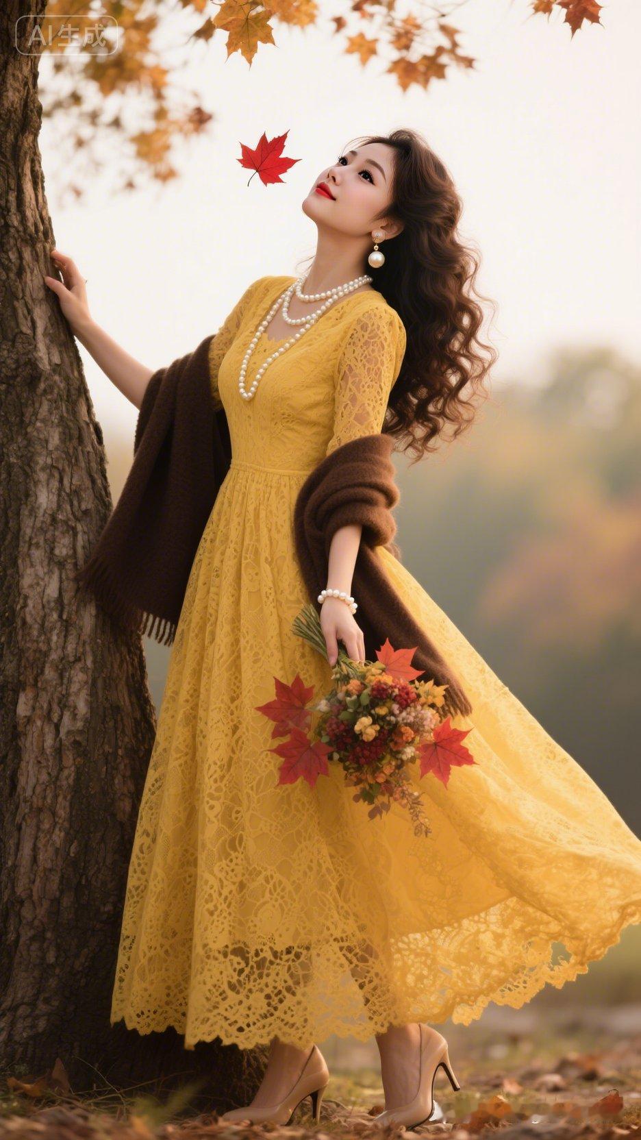 秋日浪漫，黄裙飘飘，落叶轻舞！
