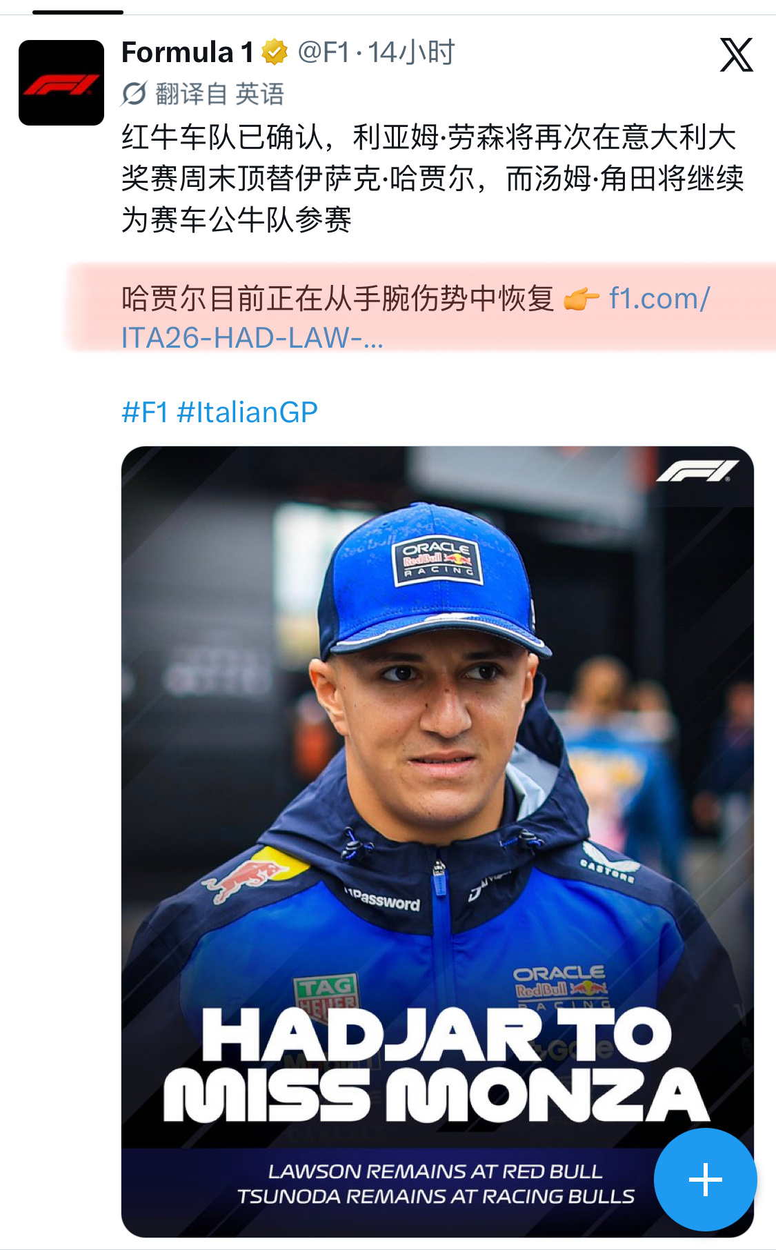 哈贾尔缺席蒙扎站比赛ohhh 因为练🥊受伤的man[柯基]继续由莉莉代打🏎️