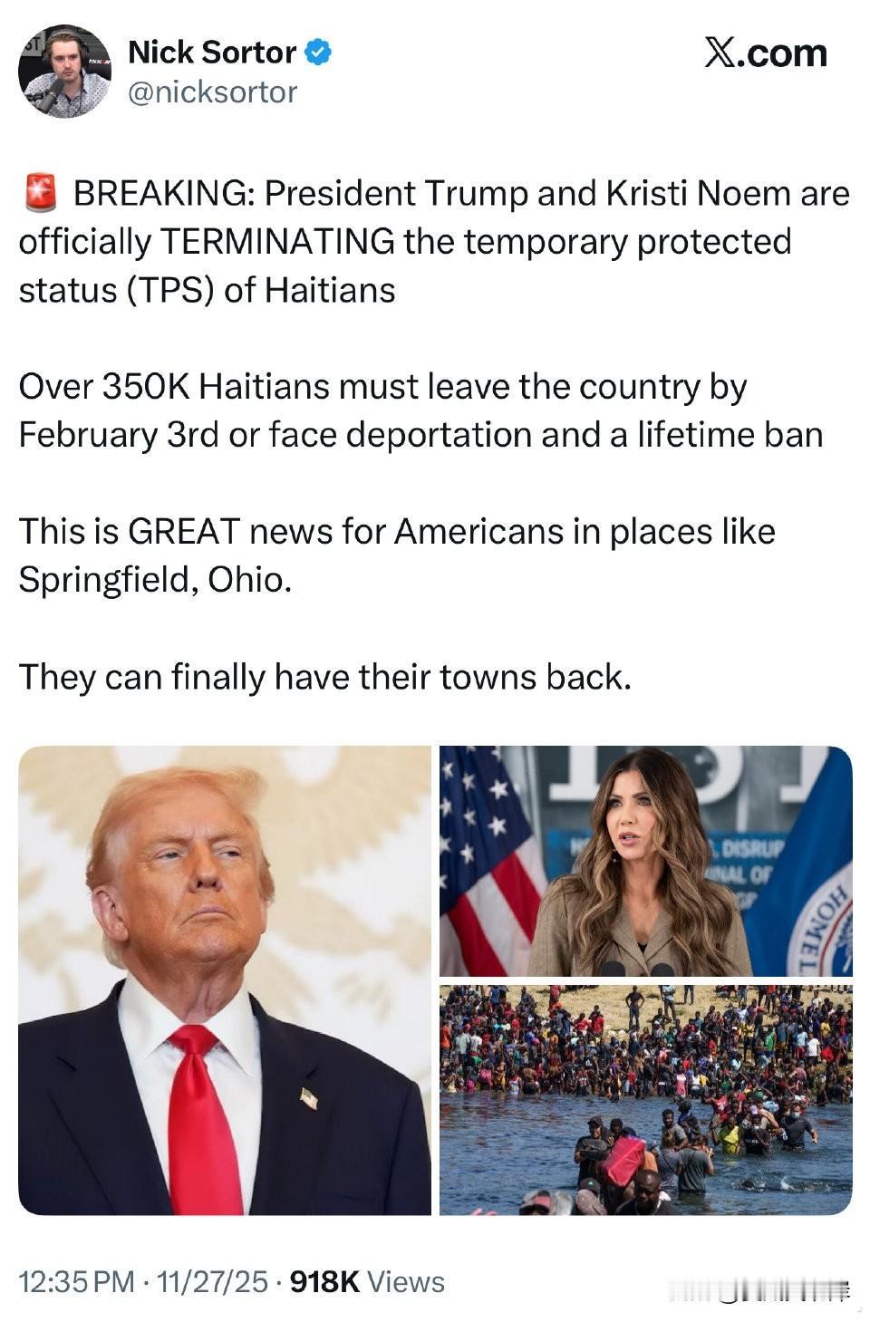 突发消息：川普和 Kristi Noem 正式终止海地人的临时保护身份（TPS）