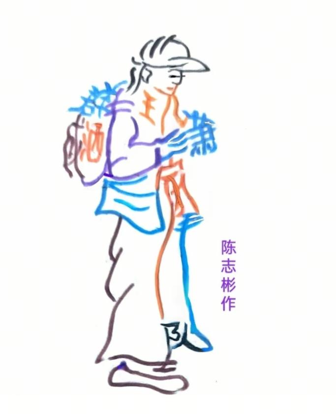 图中画面真潇洒；
全身隐藏多个字；
仔细观察细琢磨；
就等你来把它猜。