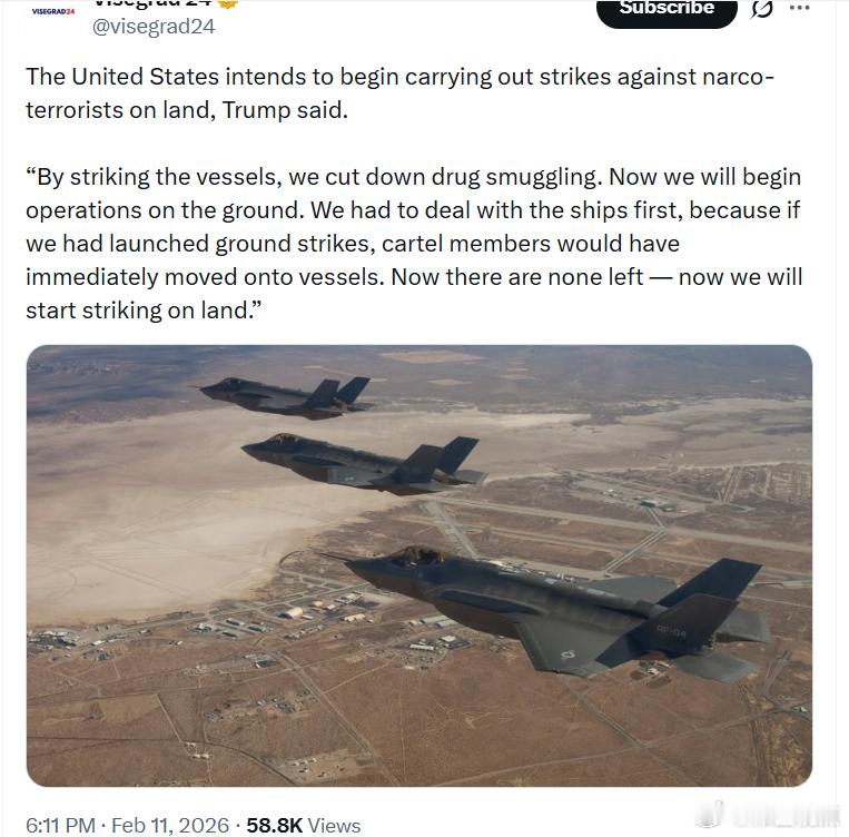 美国打算开始对毒枭恐怖分子发动陆地打击行动。特朗普表示：“通过打击这些船只，我们