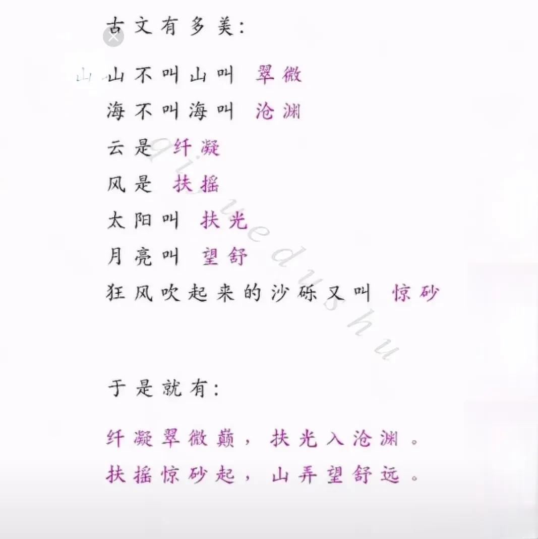  
古文有多美：
山不叫山叫翠微
海不叫海叫沧渊
云是纤凝
风是扶摇
太阳叫扶光