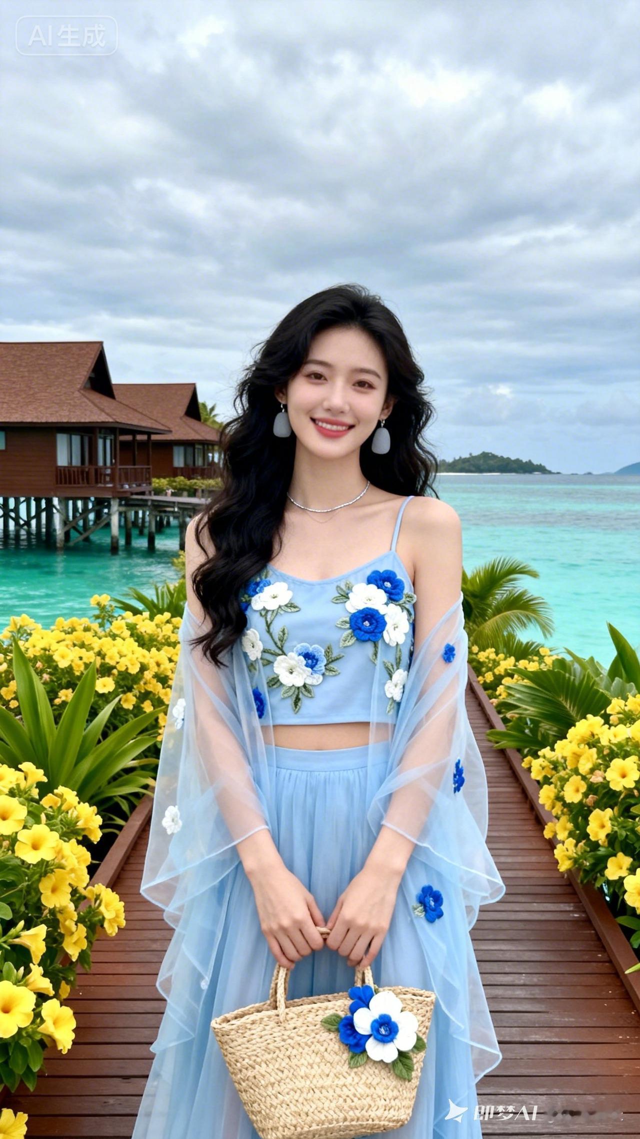 东亚少女冷白皮黑长卷发，妆容清新笑意温柔。身着浅蓝刺绣吊带纱裙，配精致银饰草编包
