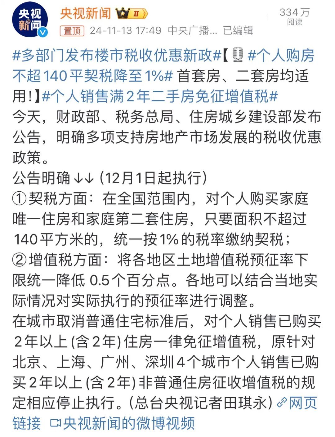 房地产市场再迎重磅利好！全新税收优惠政策正式出台。自 2024 年 12 月 1