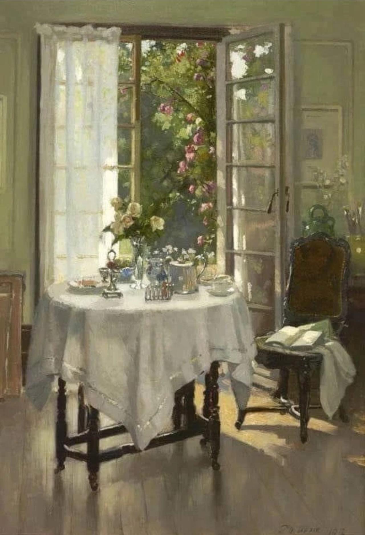 治愈的早餐桌，推开窗满是蔷薇，好温馨！

画家：Patrick William 