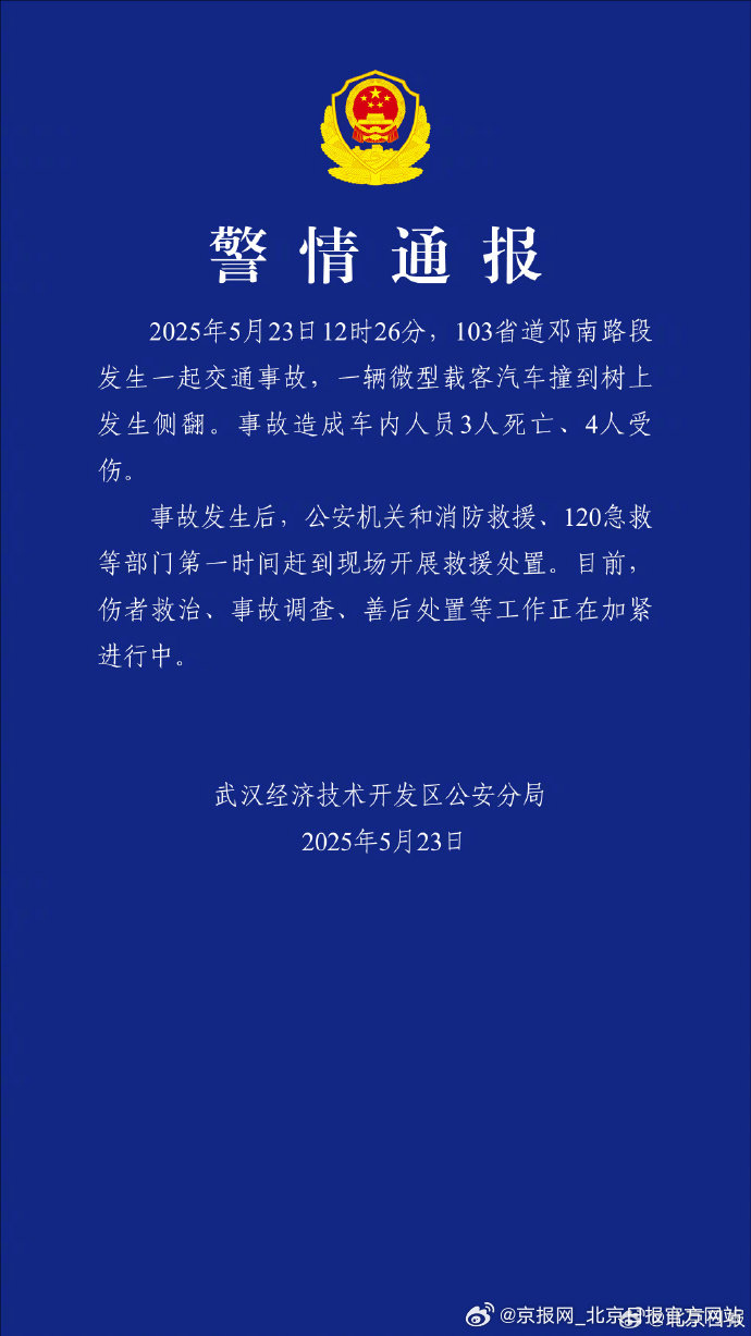 【#武汉一客车撞树侧翻3死4伤#】#一微型客车撞树侧翻3死4伤#5月23日，武汉