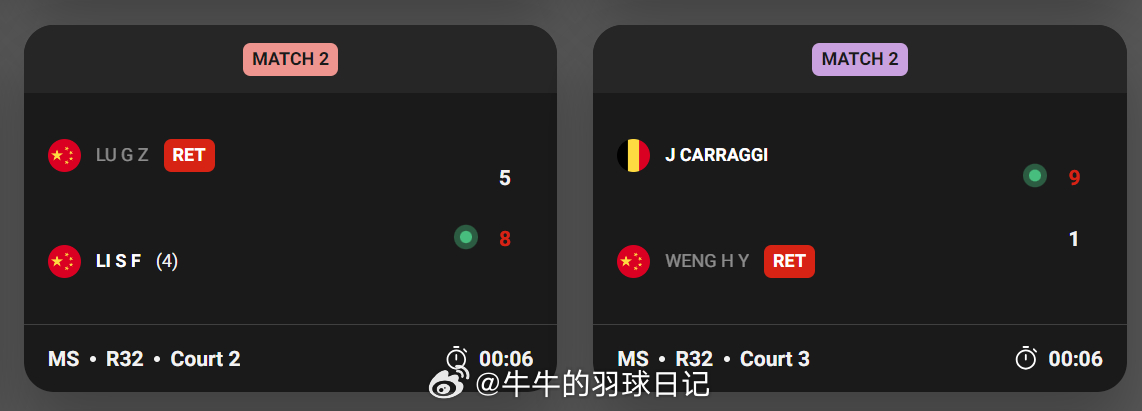 陆光祖翁泓阳退出法国公开赛 2025年法国羽毛球公开赛 李诗沣(4) 8-5 陆