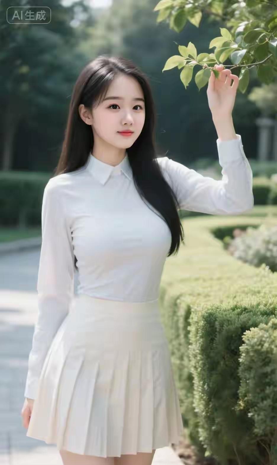 绿意盎然中，白衣少女倚枝轻笑。