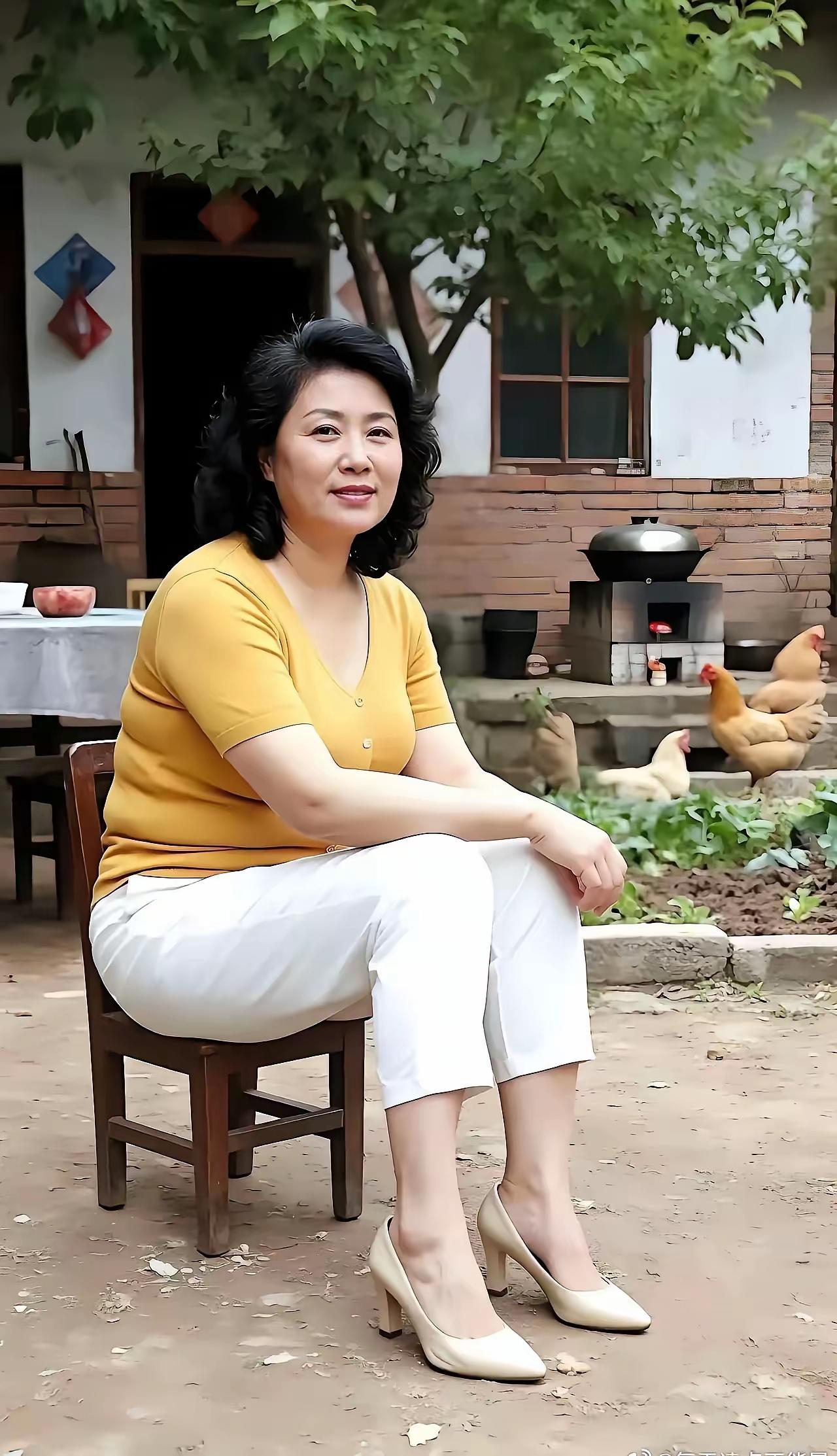 大妈坐在院子里，看着鸡吃菜。