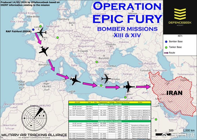 3月13日，在11架次的KC-135R陪同下，4架次B-1B对伊朗执行了轰炸任务
