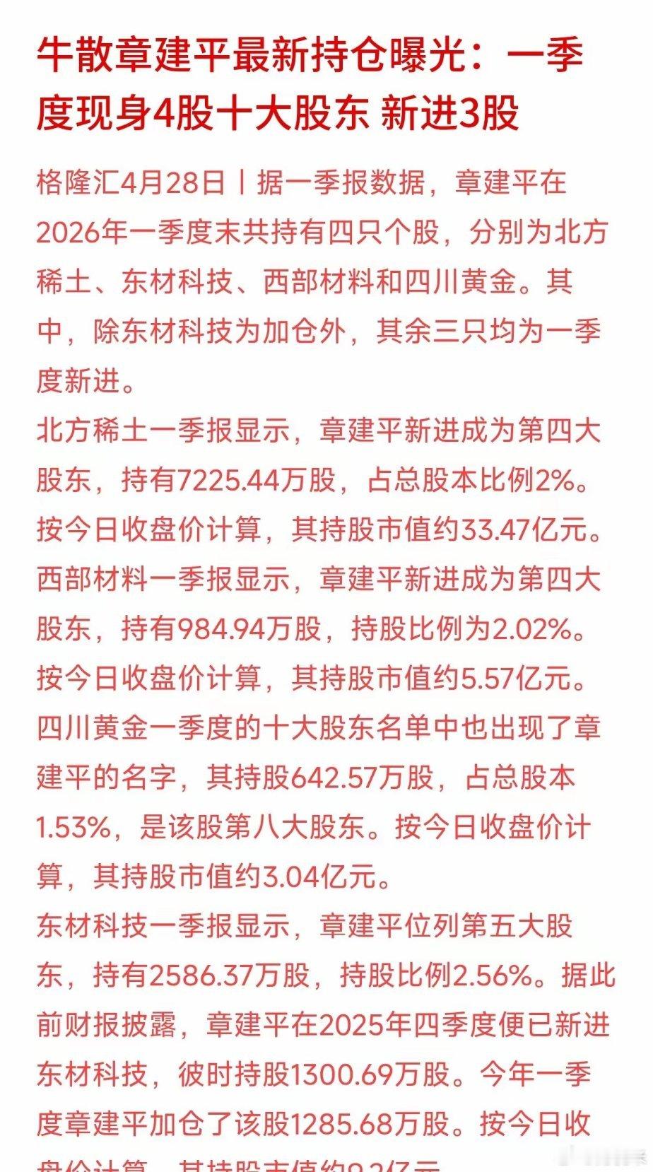 “游资鼻祖”章建平的一季度最新持仓曝光，手握50多亿，竟然大半都拿去买“地里”的