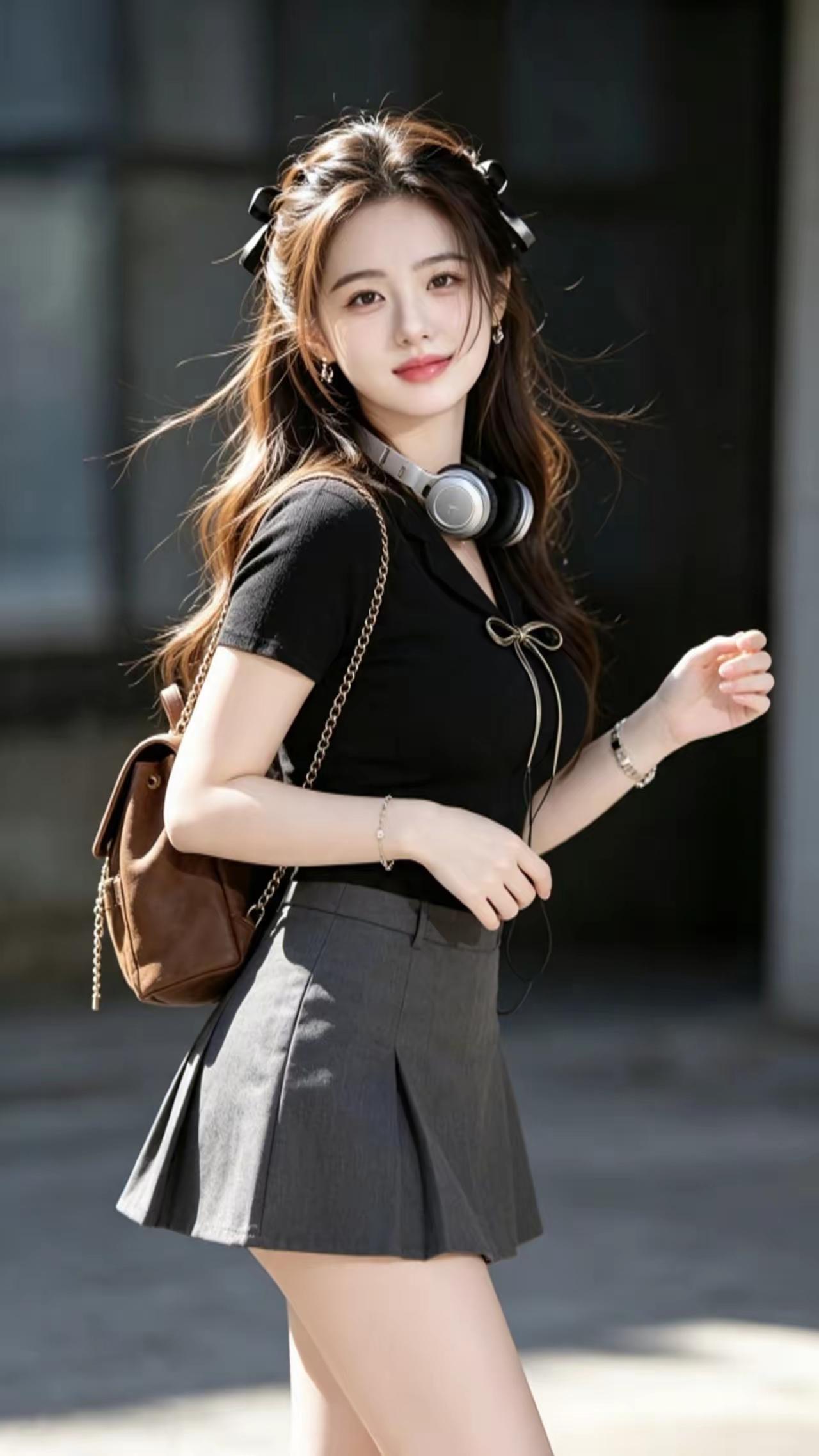 元气少女穿搭指南：黑色短袖+灰色短裙，轻松时尚！👗👠💄