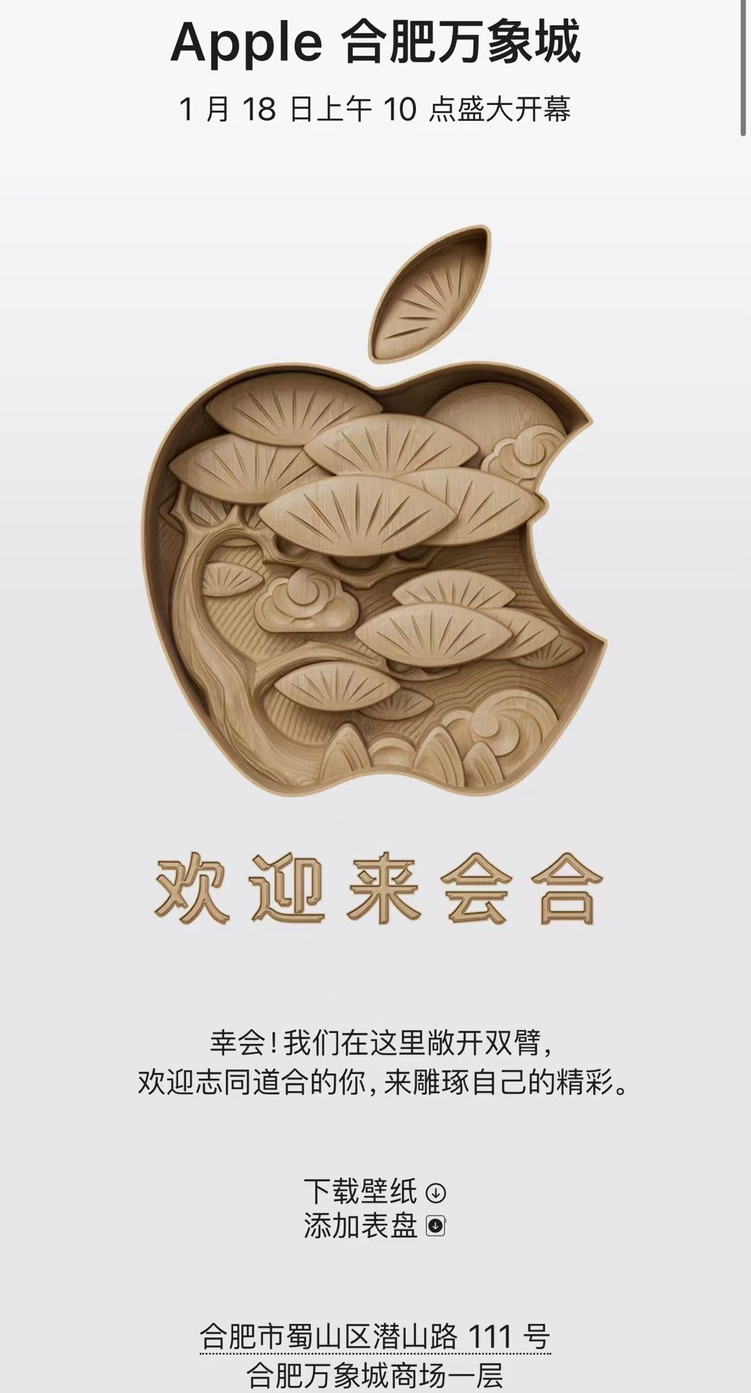 Apple 合肥来了[doge]1 月 18 日上午十点地址：万象城主题：欢迎来