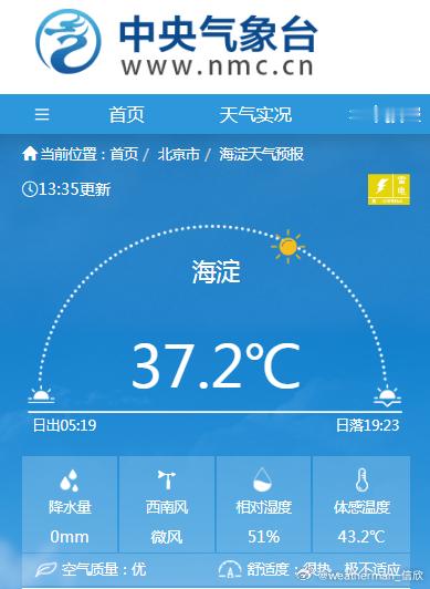 【华北高温后警惕对流】今天午后，北京海淀、房山气温超37℃，海淀体感超43℃。如