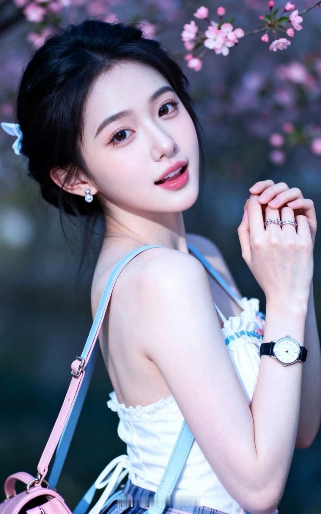 樱花树下，少女轻笑，春意盎然。
