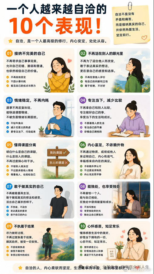 真正的自洽，是成年人最高级的修行。分享人越来越自洽的10种状态：接纳不完美、不在