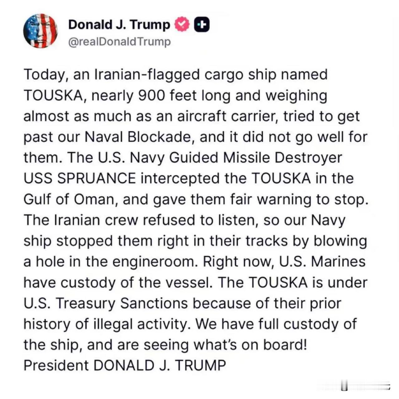 特朗普:今天，一艘悬挂伊朗国旗、长近900英尺、重量几乎和航空母舰一样重的货轮试