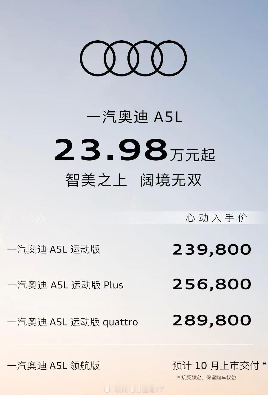 有点超出预期，起售价不贵啊。一汽奥迪A5L ​​​