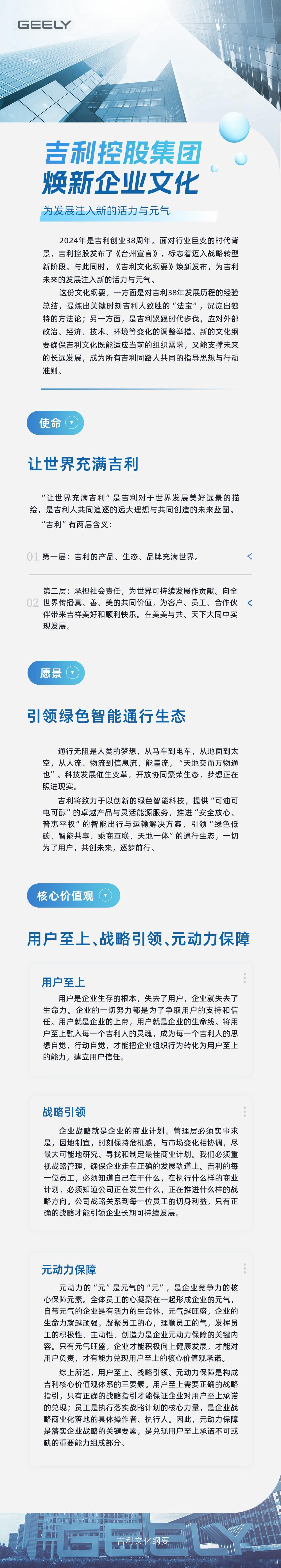 吉利发布了新的企业文化，有两个亮点印象深刻：一、为客户、员工、合作伙伴带来吉祥美