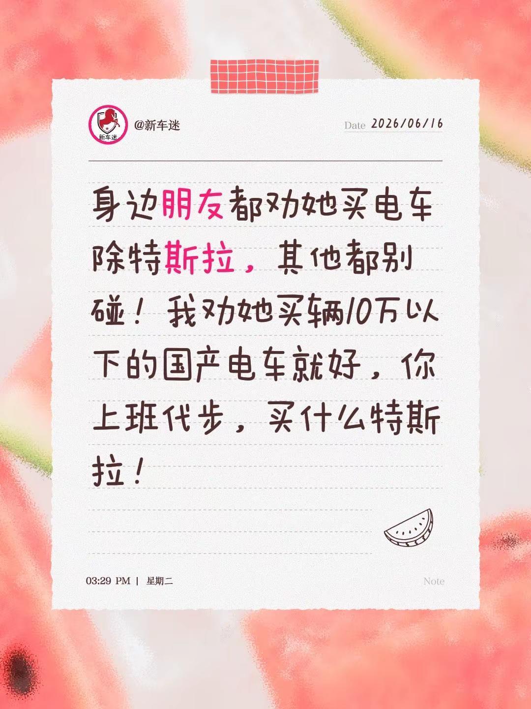 身边朋友都劝她买电车除特斯拉，其他都别碰！我劝她买辆10万以下的国产电车就好，你