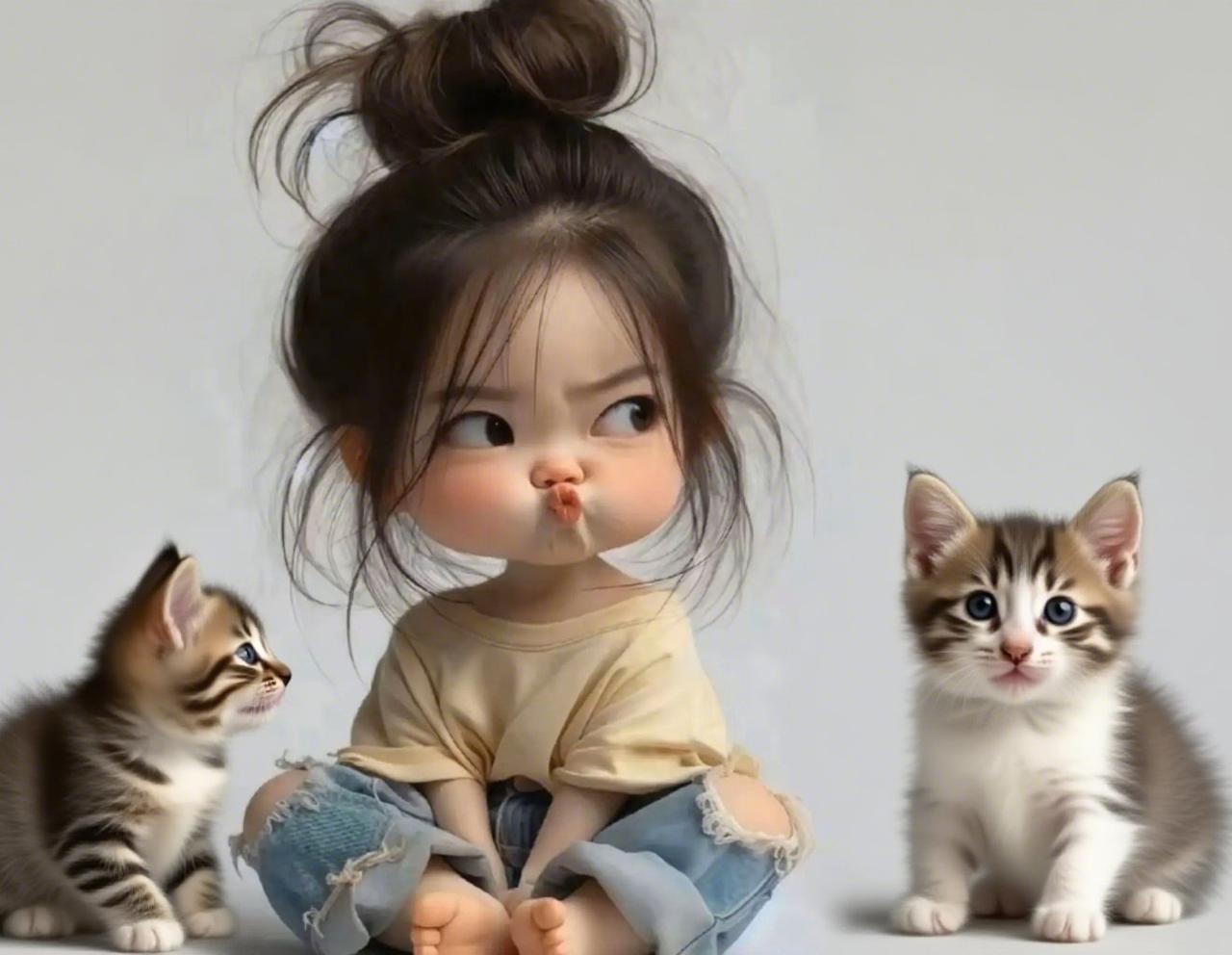 小团子气鼓鼓地噘着嘴，左边小猫探头凑过来“吃瓜”，右边奶猫睁着圆溜溜的蓝眼睛看热