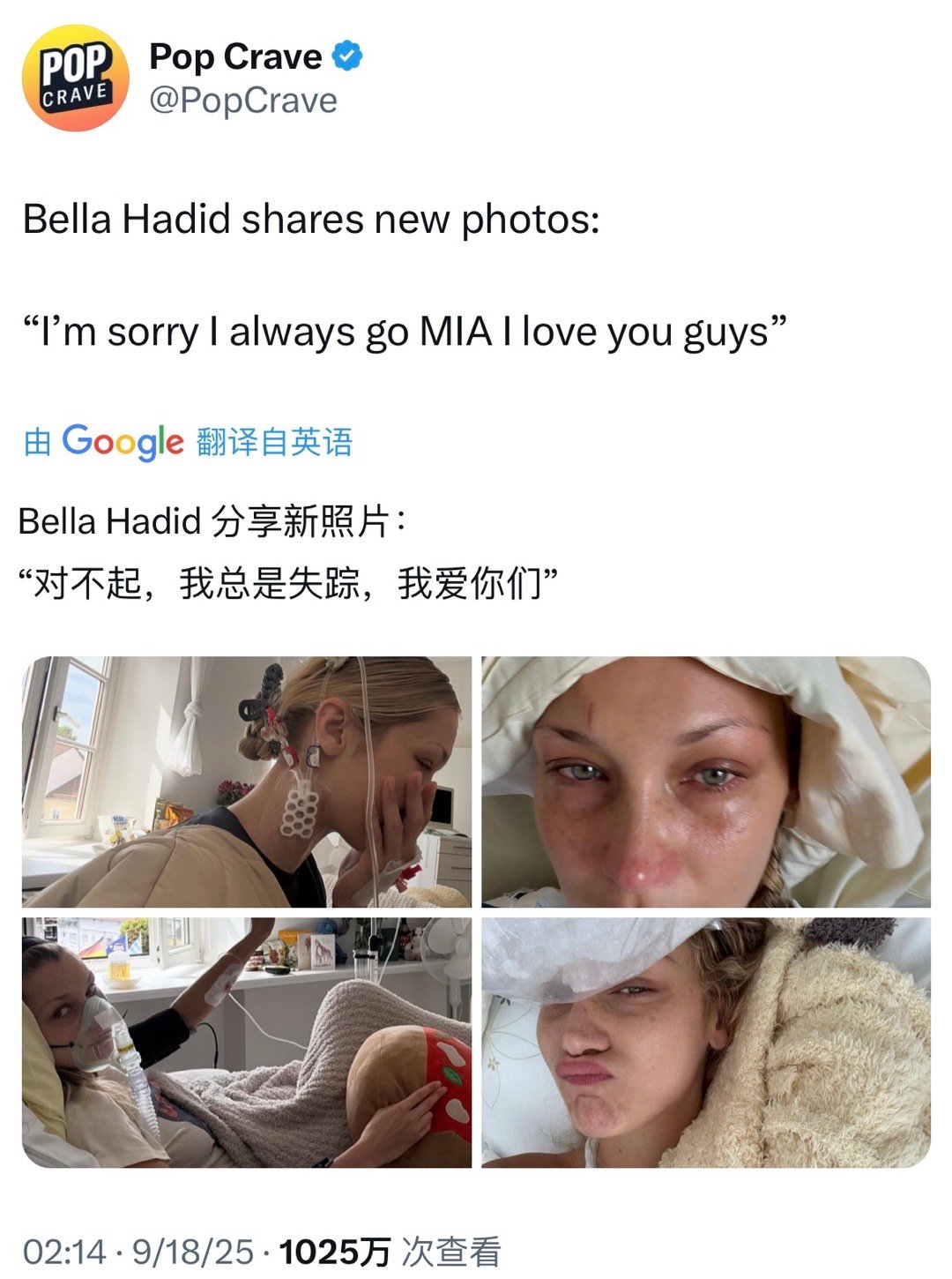 贝拉再因莱姆病入院治疗 超模贝拉Bella Hadid再次因莱姆病紧急住院治疗，