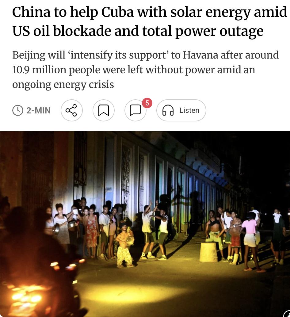 外媒：中国在美国石油封锁导致古巴全国大停电之际向这个传统盟友提供太阳能援助，既展