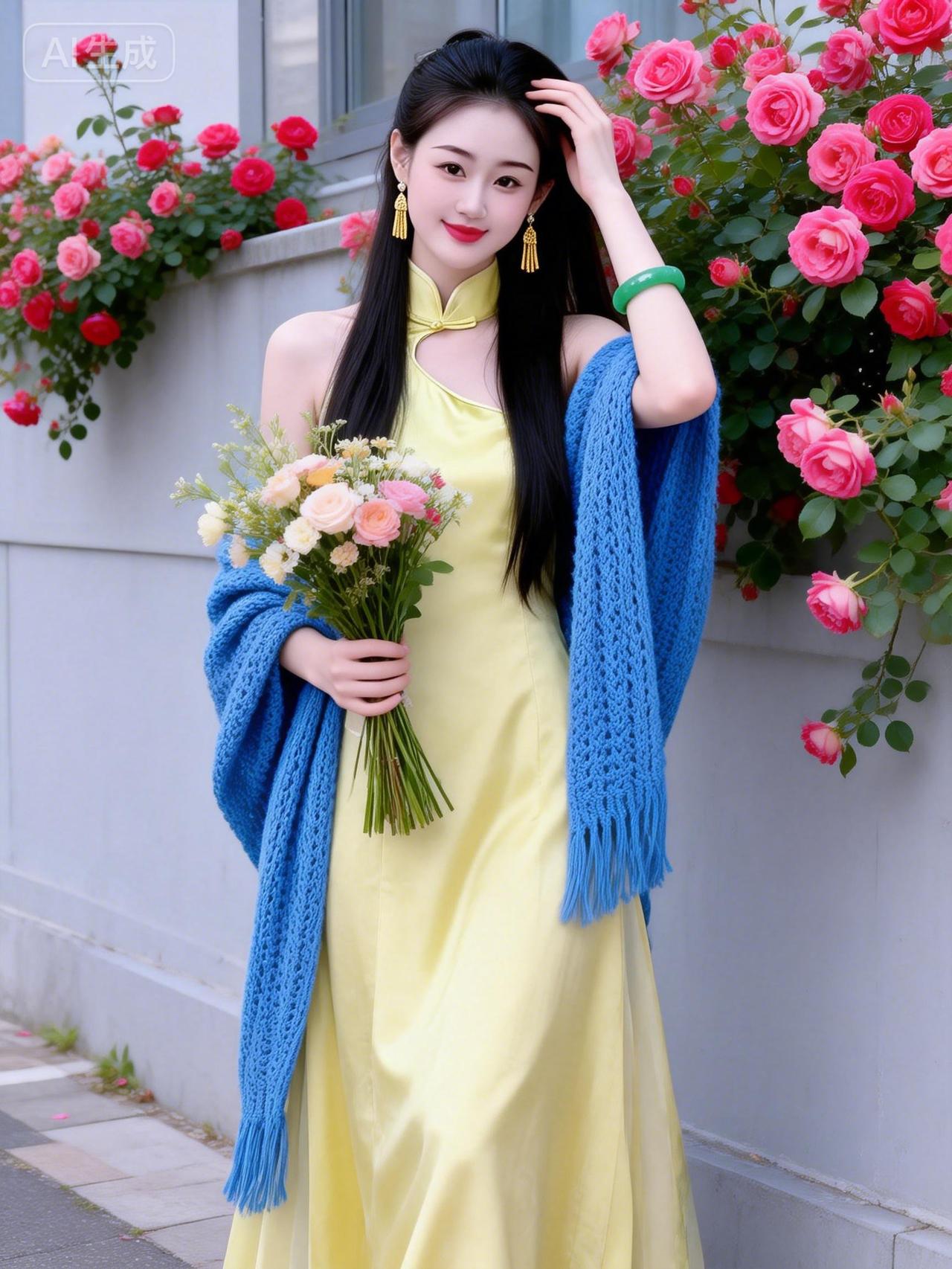 温柔甜美的春日穿搭，手捧鲜花，与粉色玫瑰相映成趣。