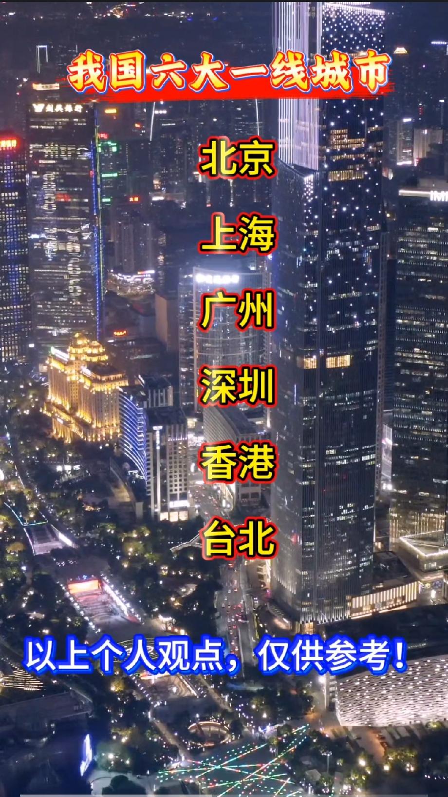 我国六大一线城市

北京
上海
广州
深圳
香港
台北
以上个人观点，仅供参考！