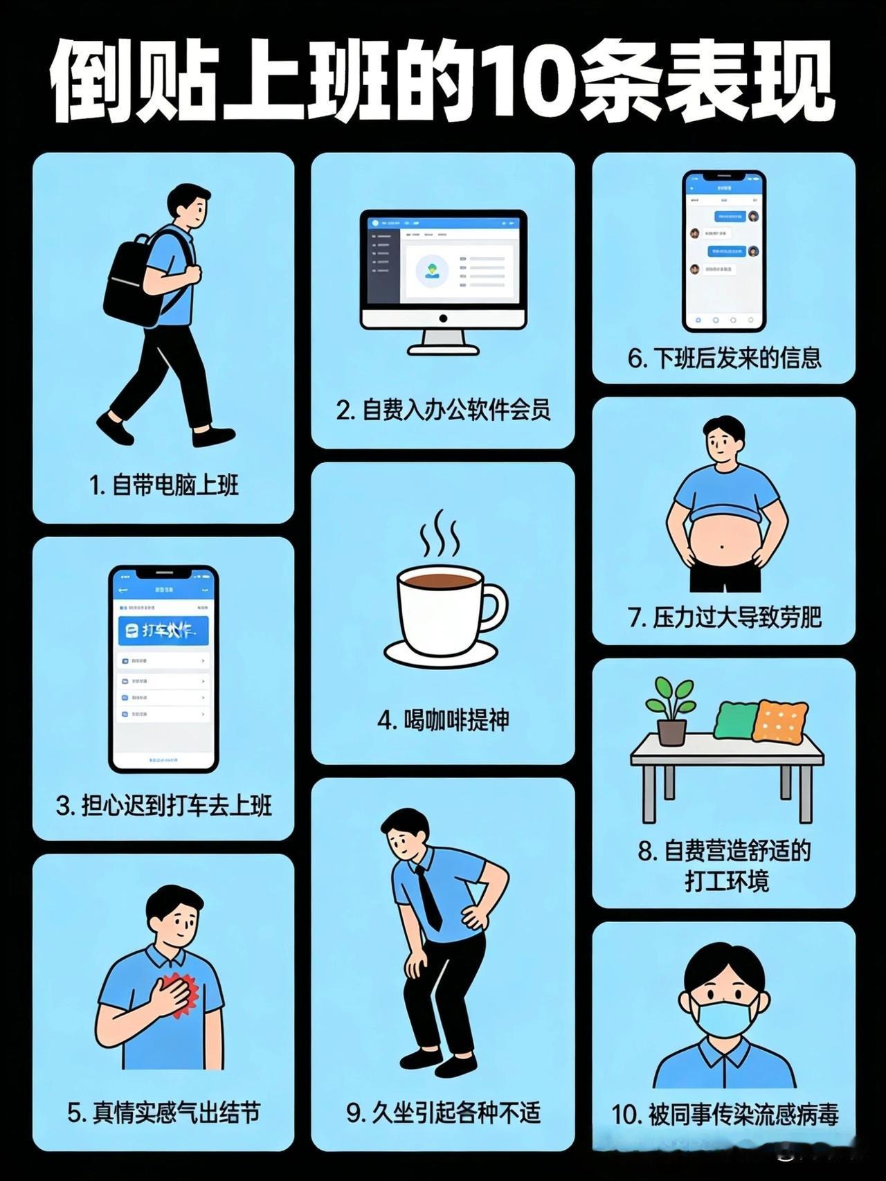 倒贴上班的10条表现。[祈祷]打工人，看看你占了几条？“倒贴上班”指的是付出远超