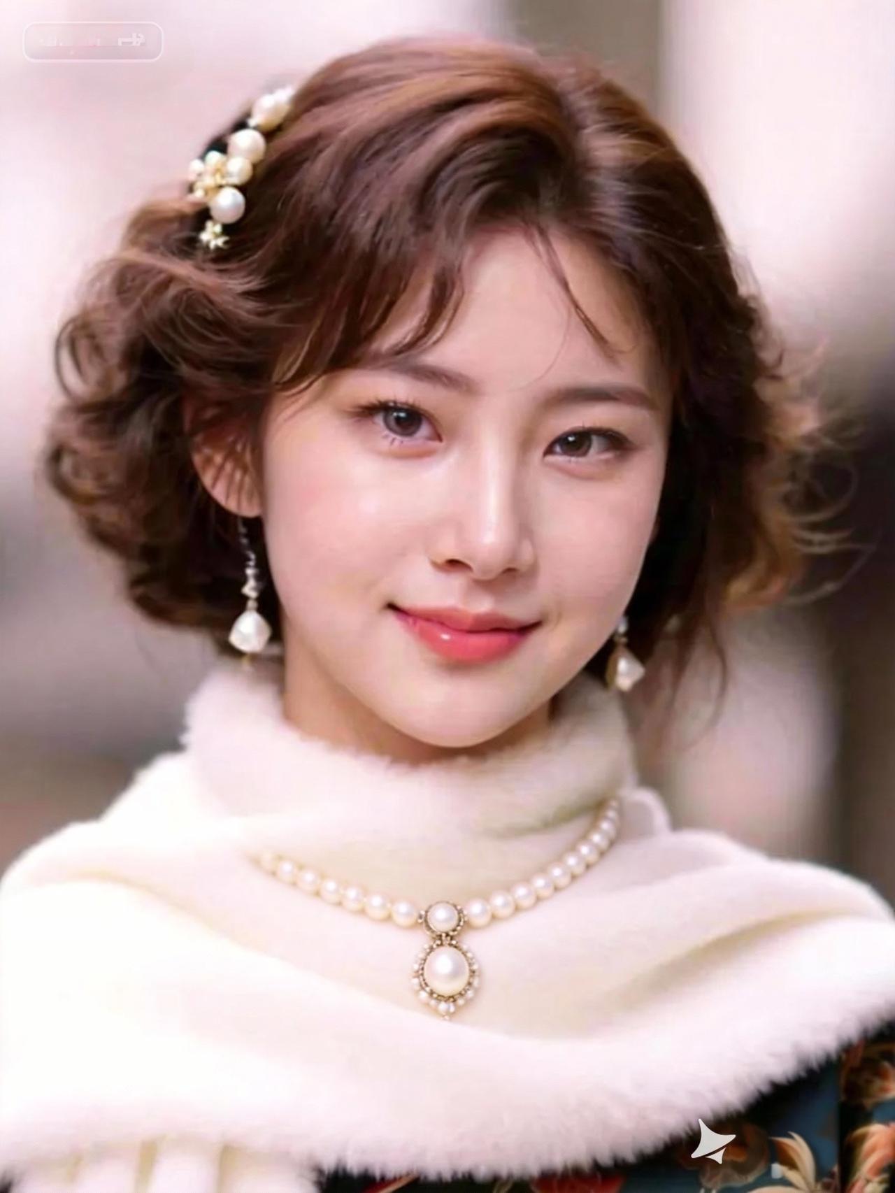 优雅复古风，珍珠项链与复古卷发完美搭配，尽显古典魅力！💍✨