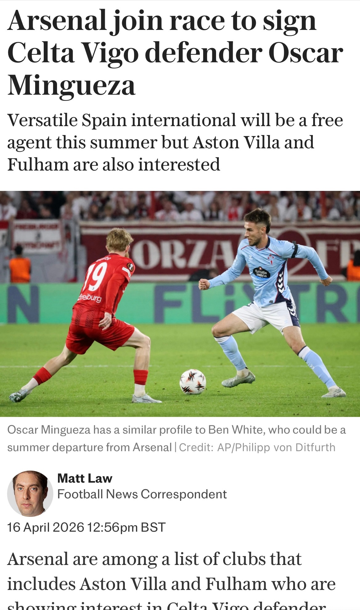 电讯报Matt Law：阿森纳对塞尔塔后卫明格萨感兴趣，阿斯顿维拉和富勒姆同样在