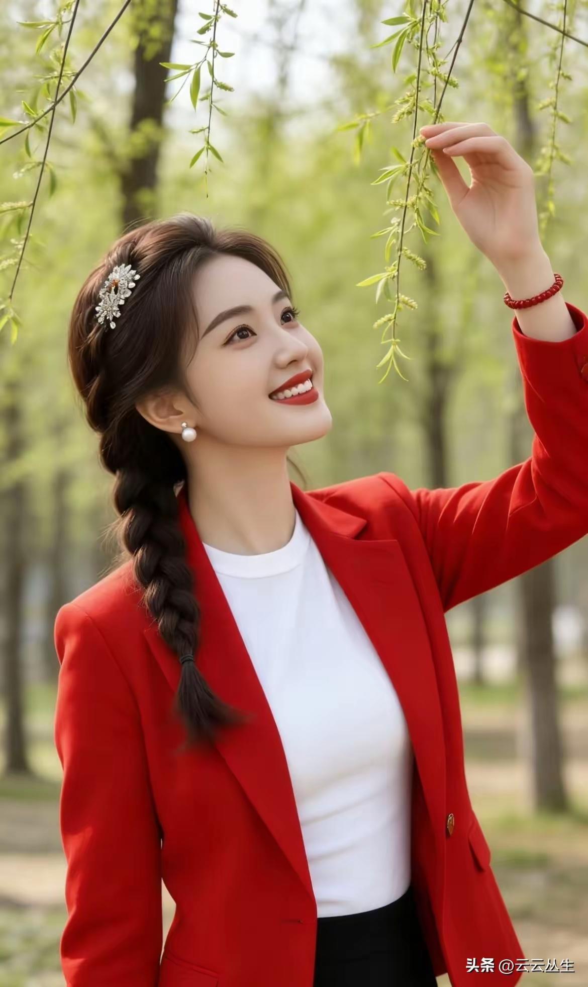 春日暖阳下，红衣少女与绿意盎然的枝叶相映成趣，笑靥如花。