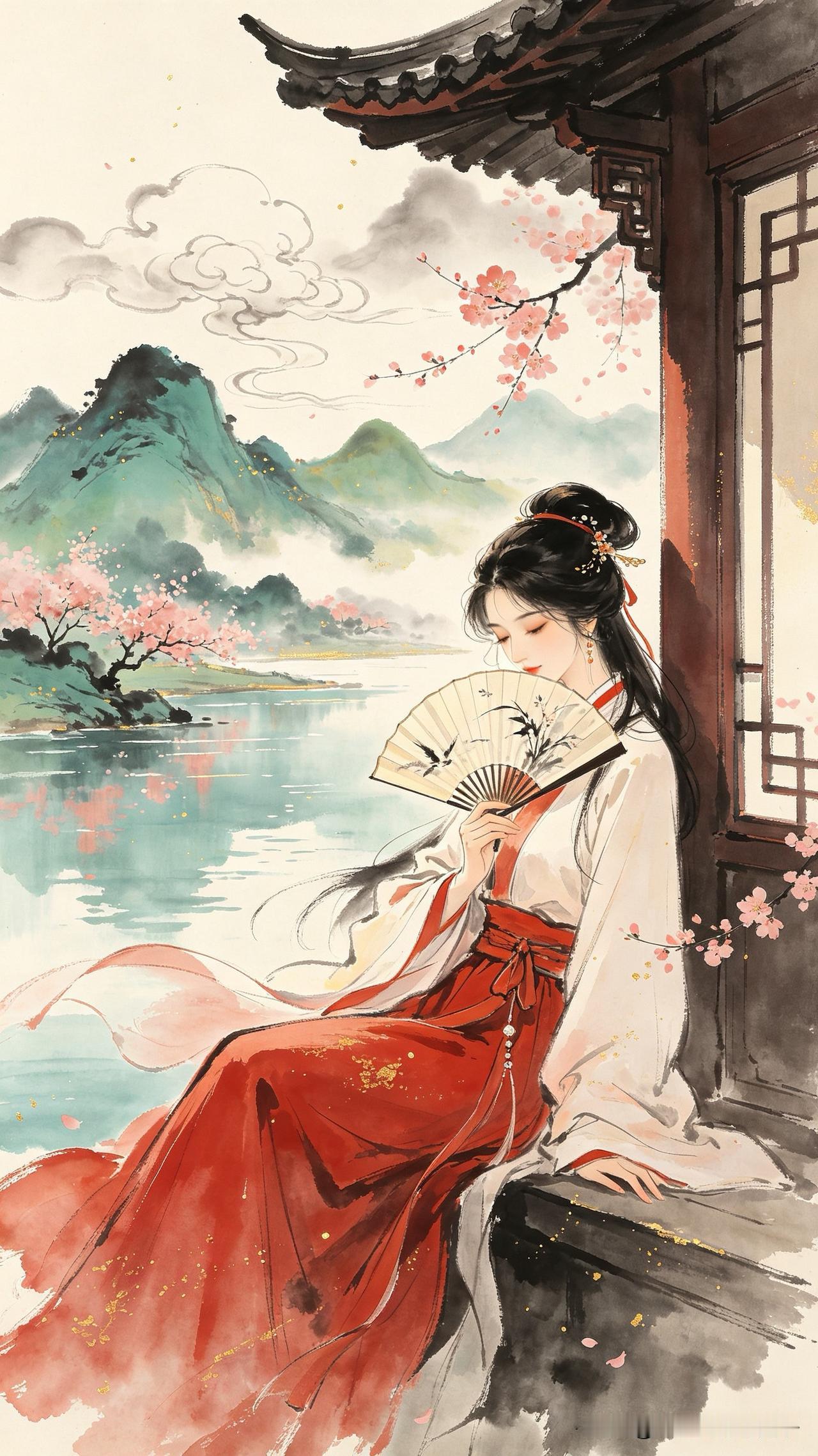 画扇轻摇欲掩羞，
低眉默坐小妆楼。
春心暗逐流云去，
      
…………请师