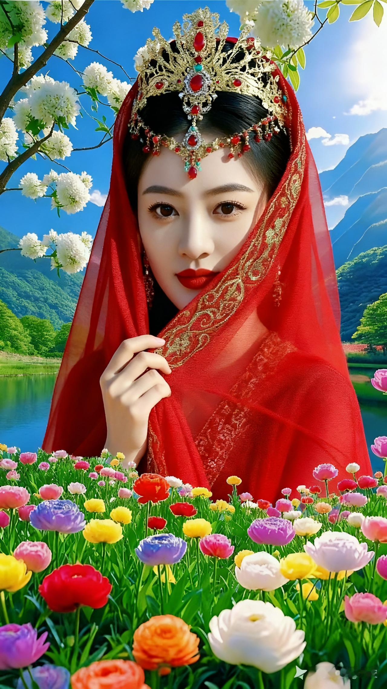 惊艳的东方美人，头戴华丽王冠，置身花海，如梦如幻。