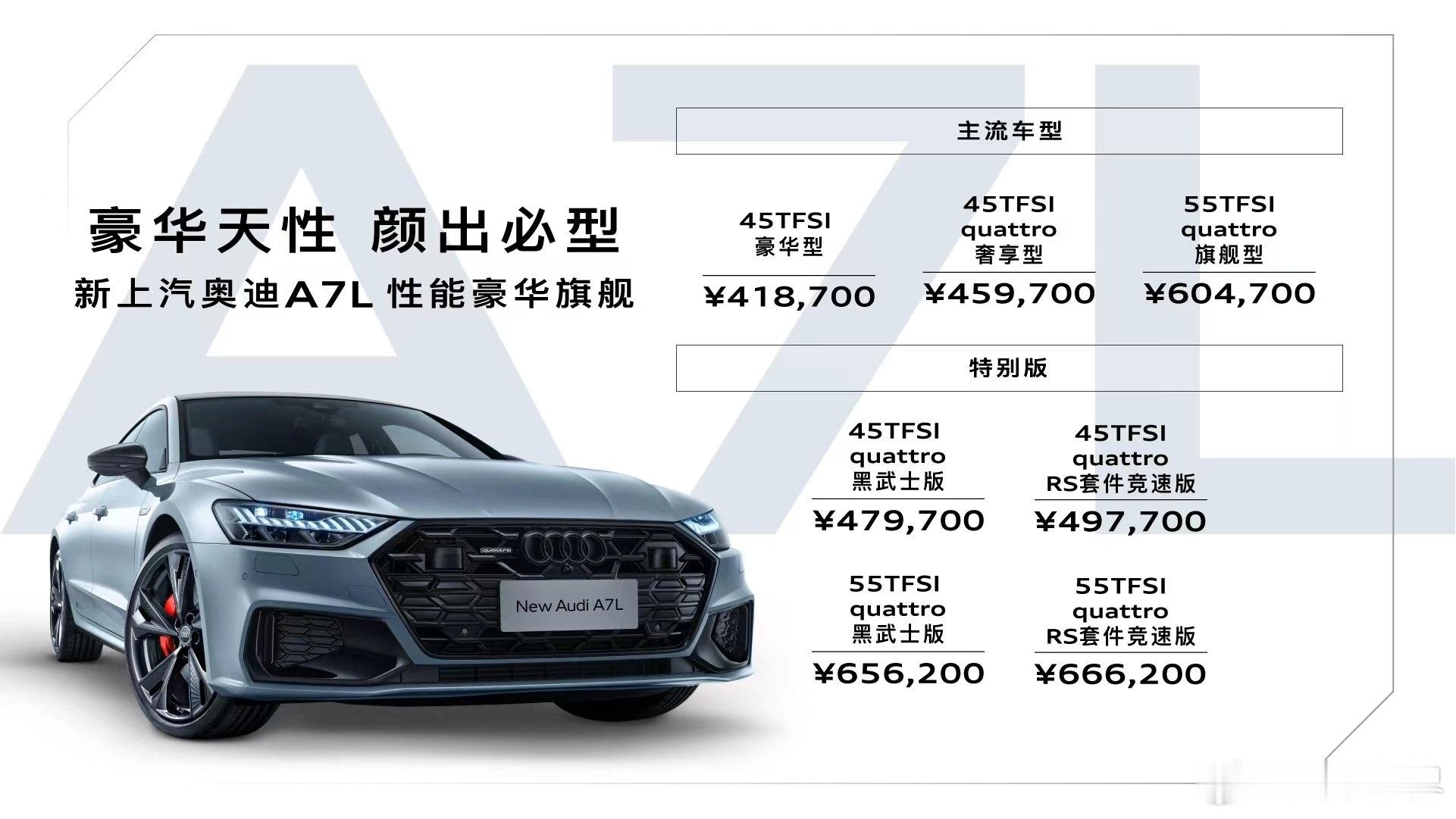 日前，新款奥迪A7L正式上市，7款车型分为3款主流车型和4款特别版（黑武士/RS