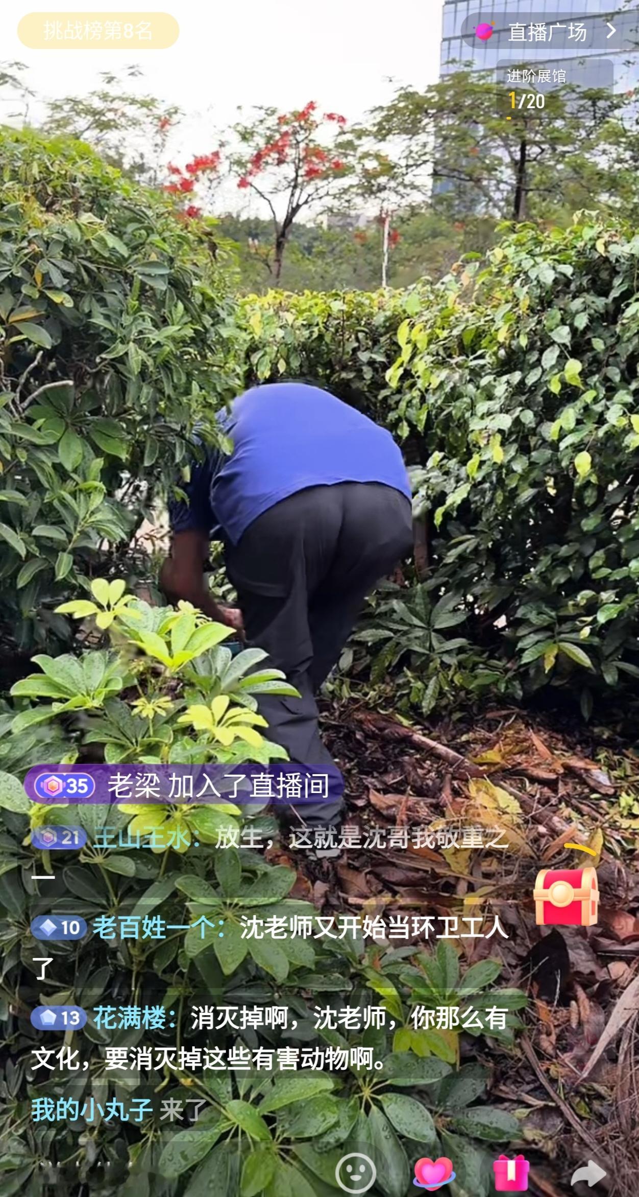沈巍在深圳的街头深入花坛内捡拾垃圾，全然不顾碰了一身的露水。有人说他是不忘初心，