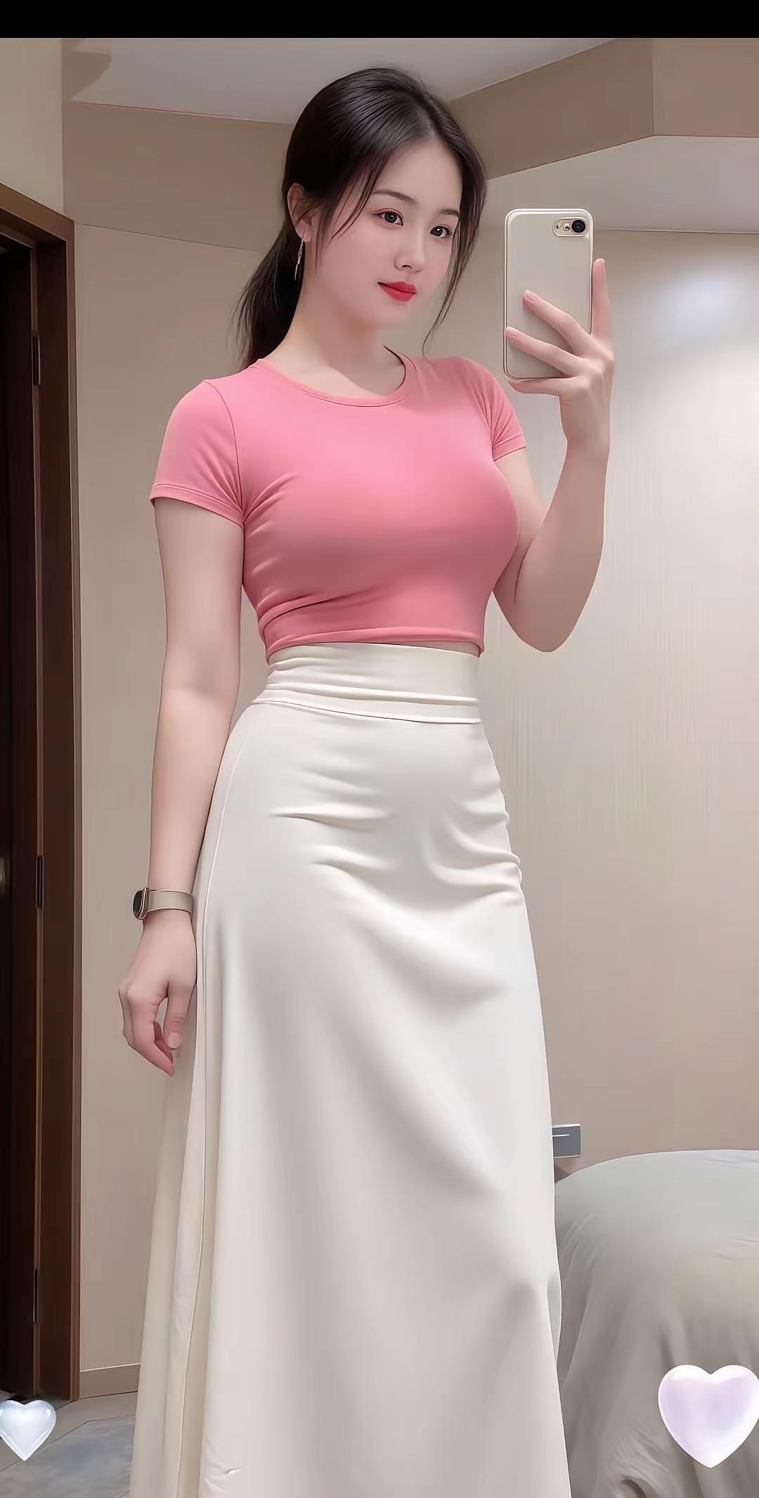 粉色上衣搭配米色长裙，温柔优雅