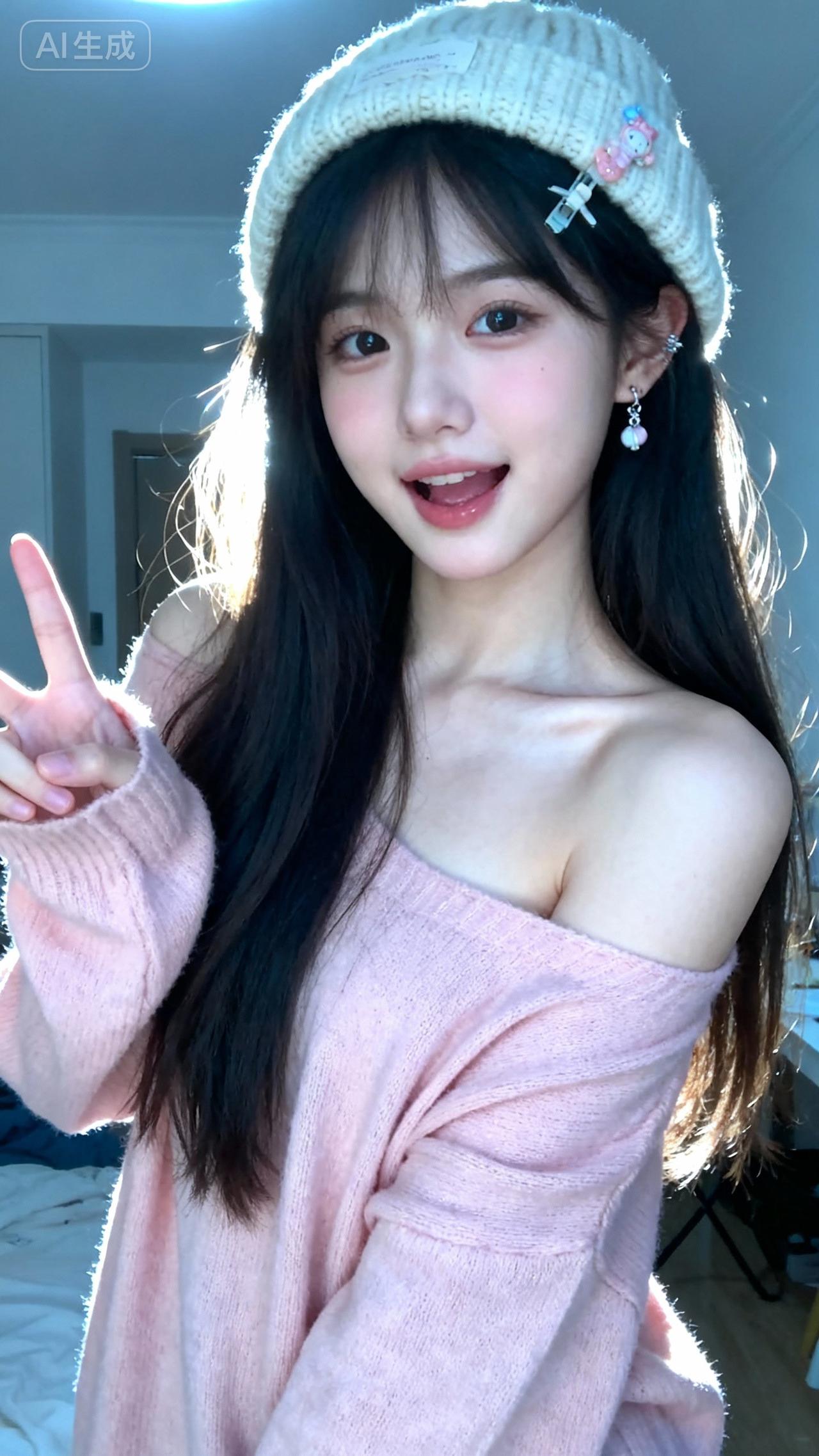 少女心满满的一天，粉色的毛衣和米色的针织帽，元气满满！🌞💕