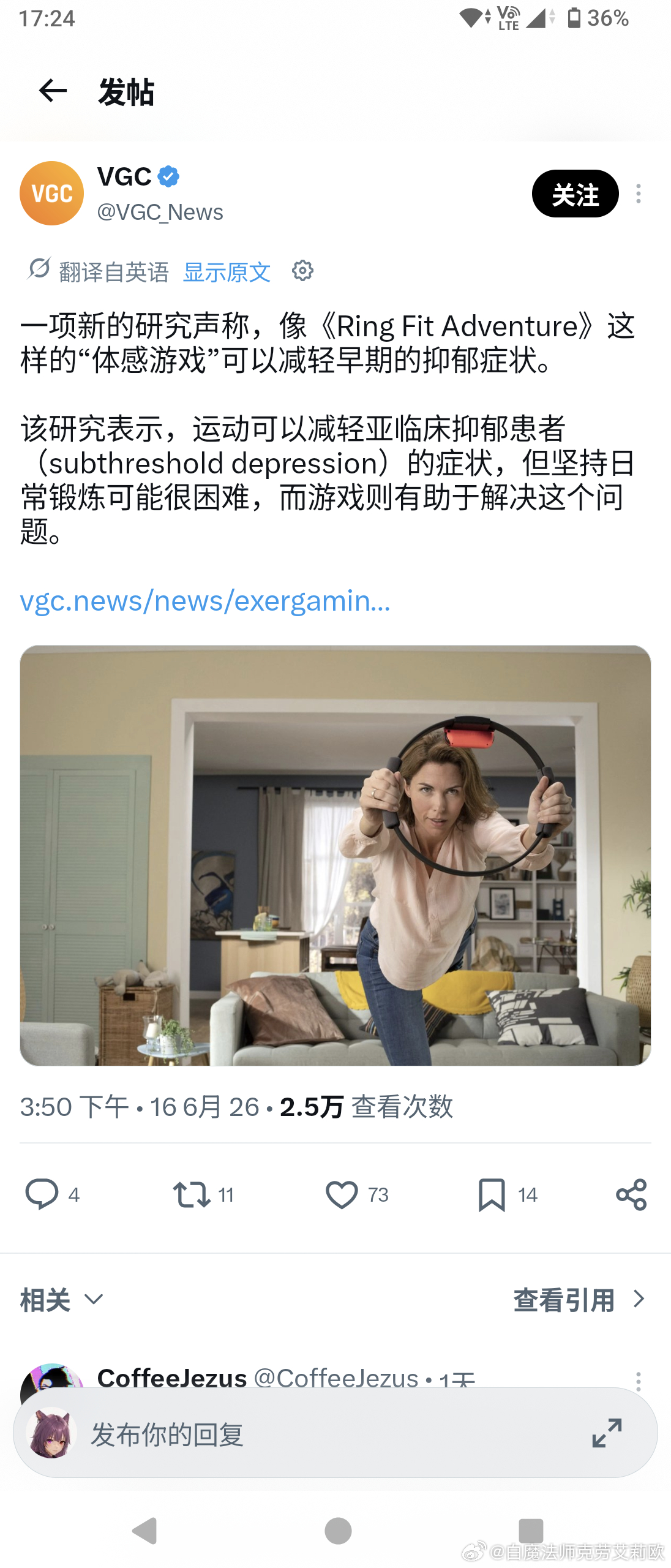 VGC报道称《健身环大冒险》这类体感游戏有助于缓解早期抑郁症状。报道提到的研究里